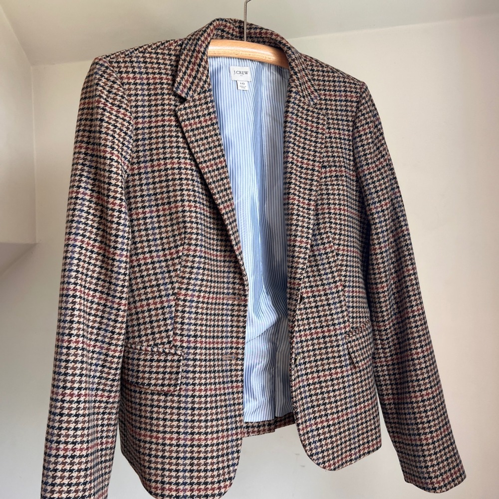 J.Crew Blazer Brown Houndstooth Wool Blend Gold Button Preppy Office Chic Jacket - Picture 4 of 10